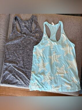 Under Armour athletic heather gray and llight blue w/Stars Racerback Tanks